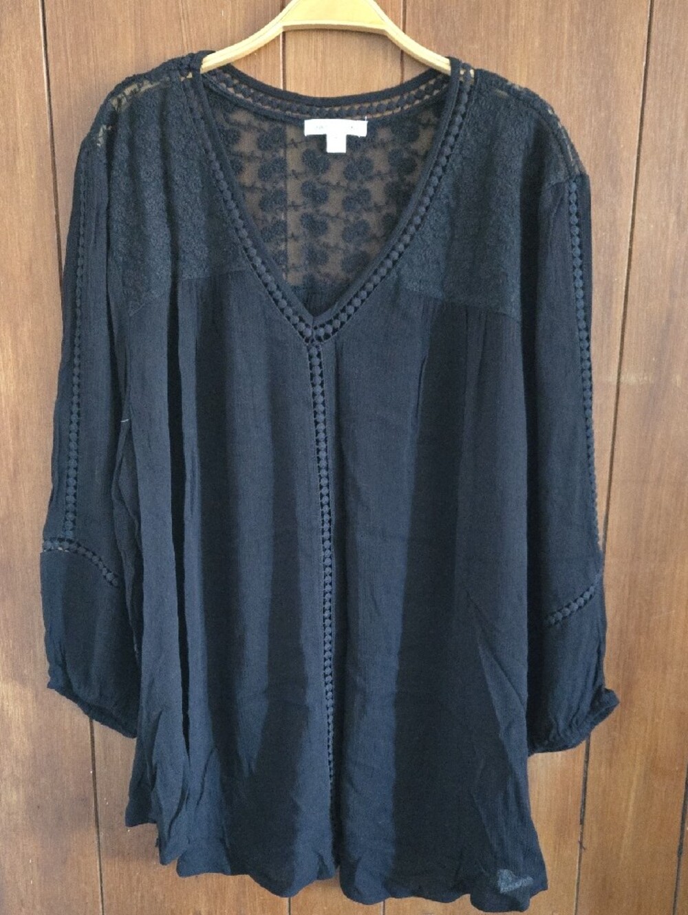 Black V-Neck Lace Yoke Boho Blouse John Paul Richards
